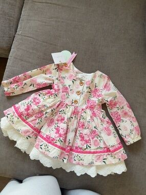 SweetHoney Cream and Pink Floral Long-Sleeve Girls Dress